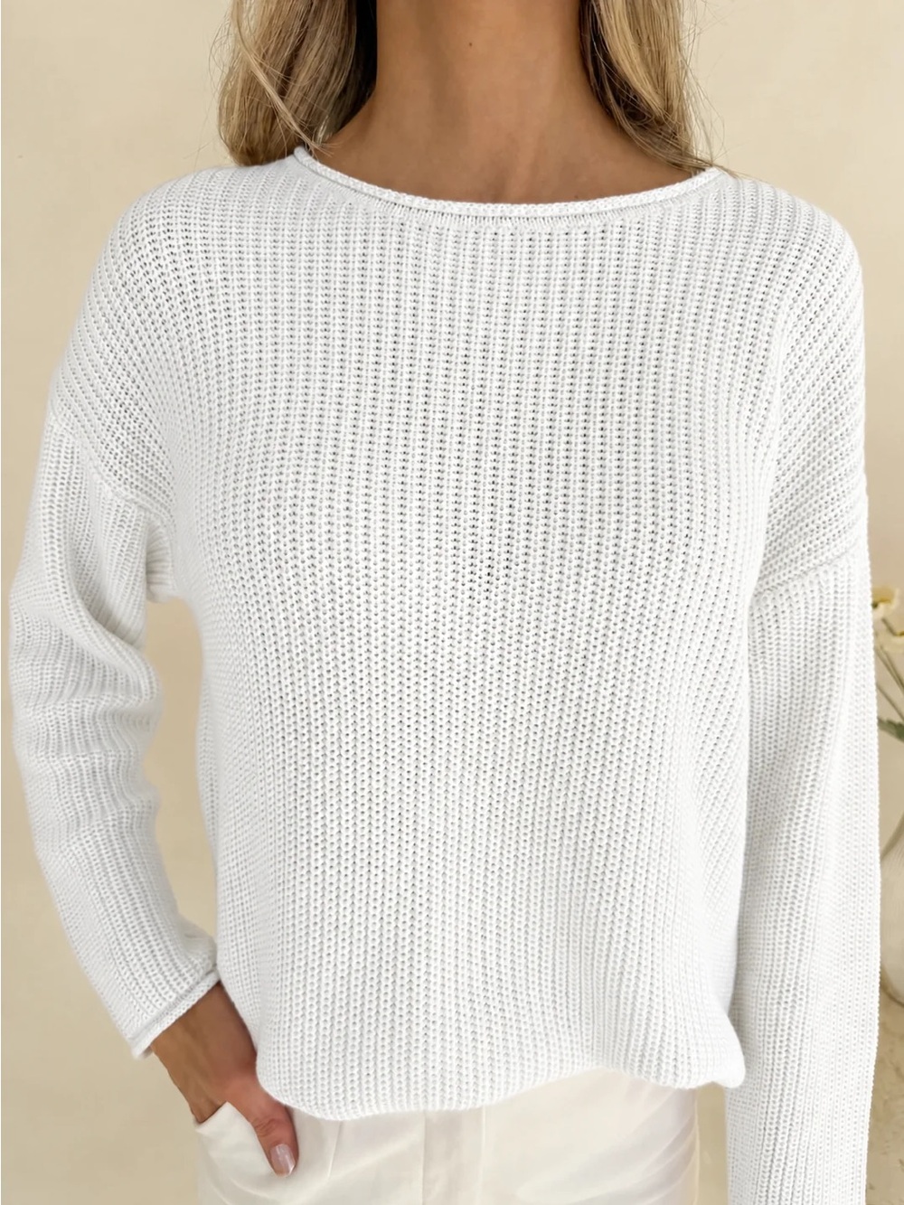 Hollister Women's White Open-Knit Crewneck Sweater